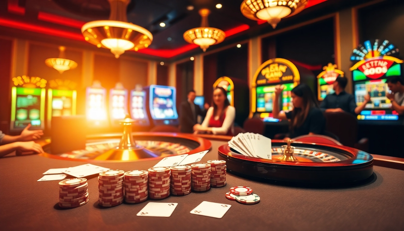 Exciting casino scene from https://bet88b.us.com/ featuring poker, roulette, and slot machines.