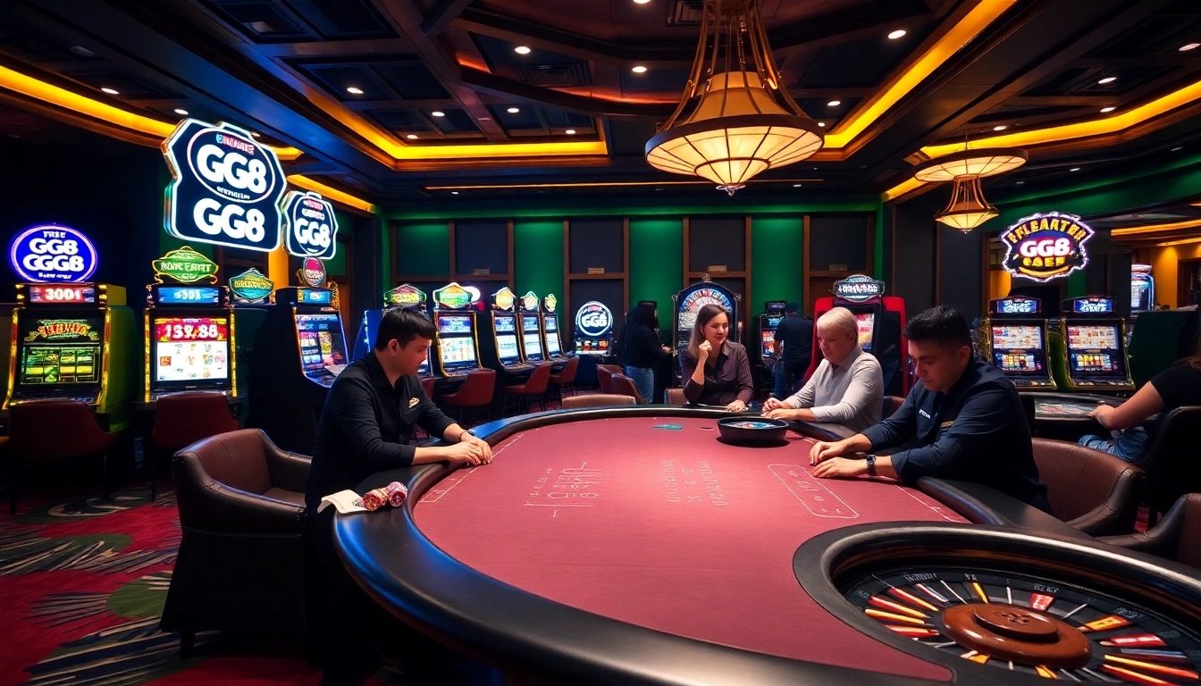 Excited gamblers playing at a GG 88 branded poker table in a vibrant casino atmosphere.