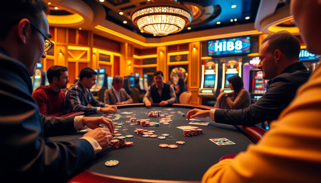 Players strategizing at a Hi88 poker table amidst an exhilarating casino atmosphere.