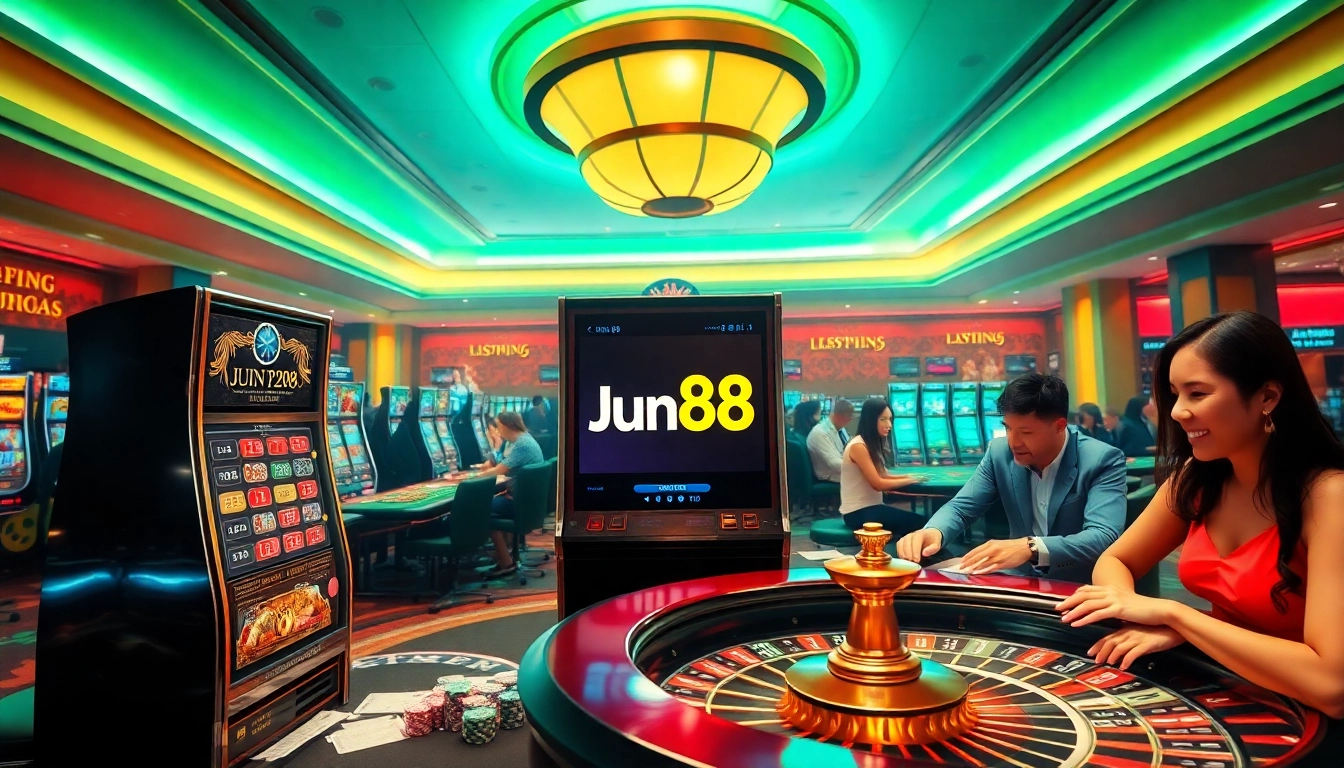 Experience excitement at Jun88 casino with vibrant slot machines and betting action on display.