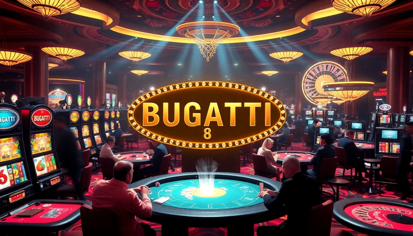 Engage with the extravagant Bugatti8 casino environment, showcasing thrilling gameplay at high-stakes tables and vibrant slot machines.