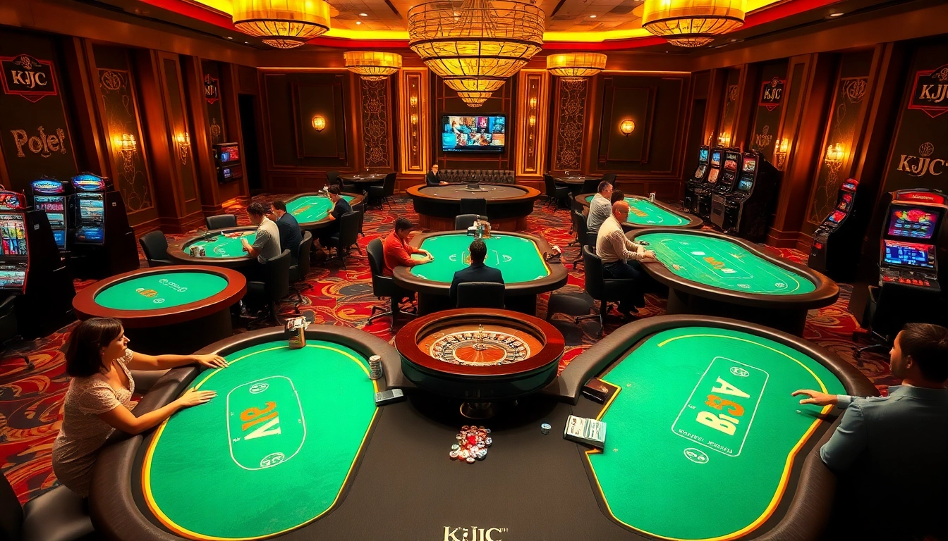 KJC casino scene showcasing engaged players at vibrant gaming tables with poker chips and roulette.