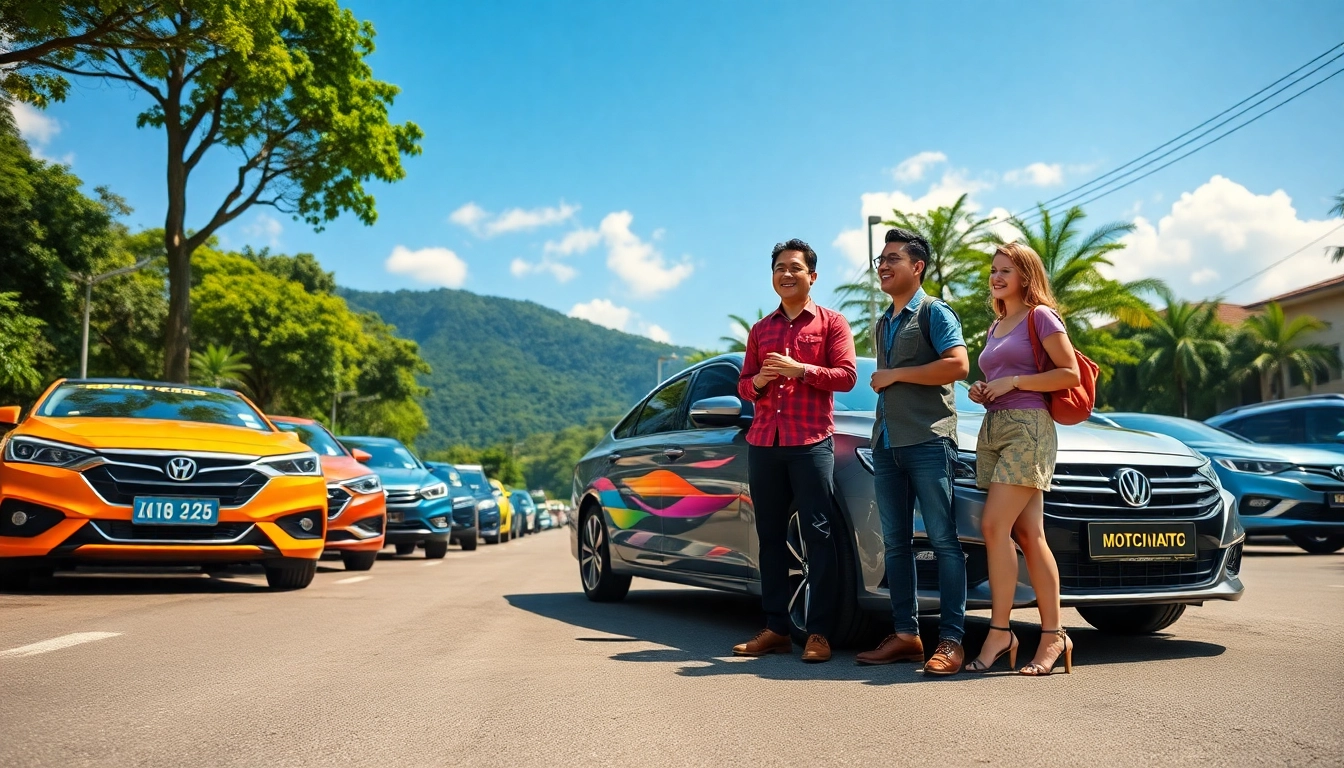 Kuching car hire scene featuring diverse rental vehicles and happy travelers.