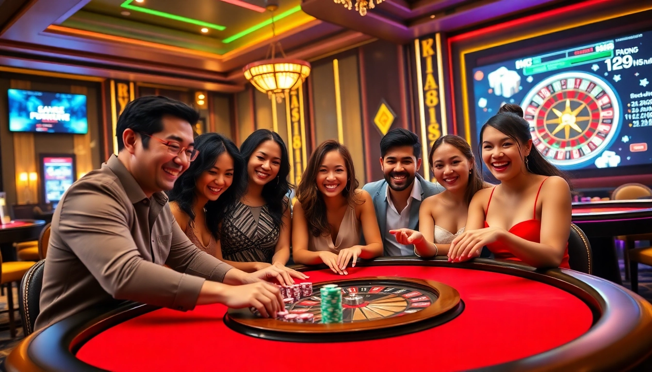 Players celebrating victories at new88 in a vibrant casino setting with poker chips and roulette.