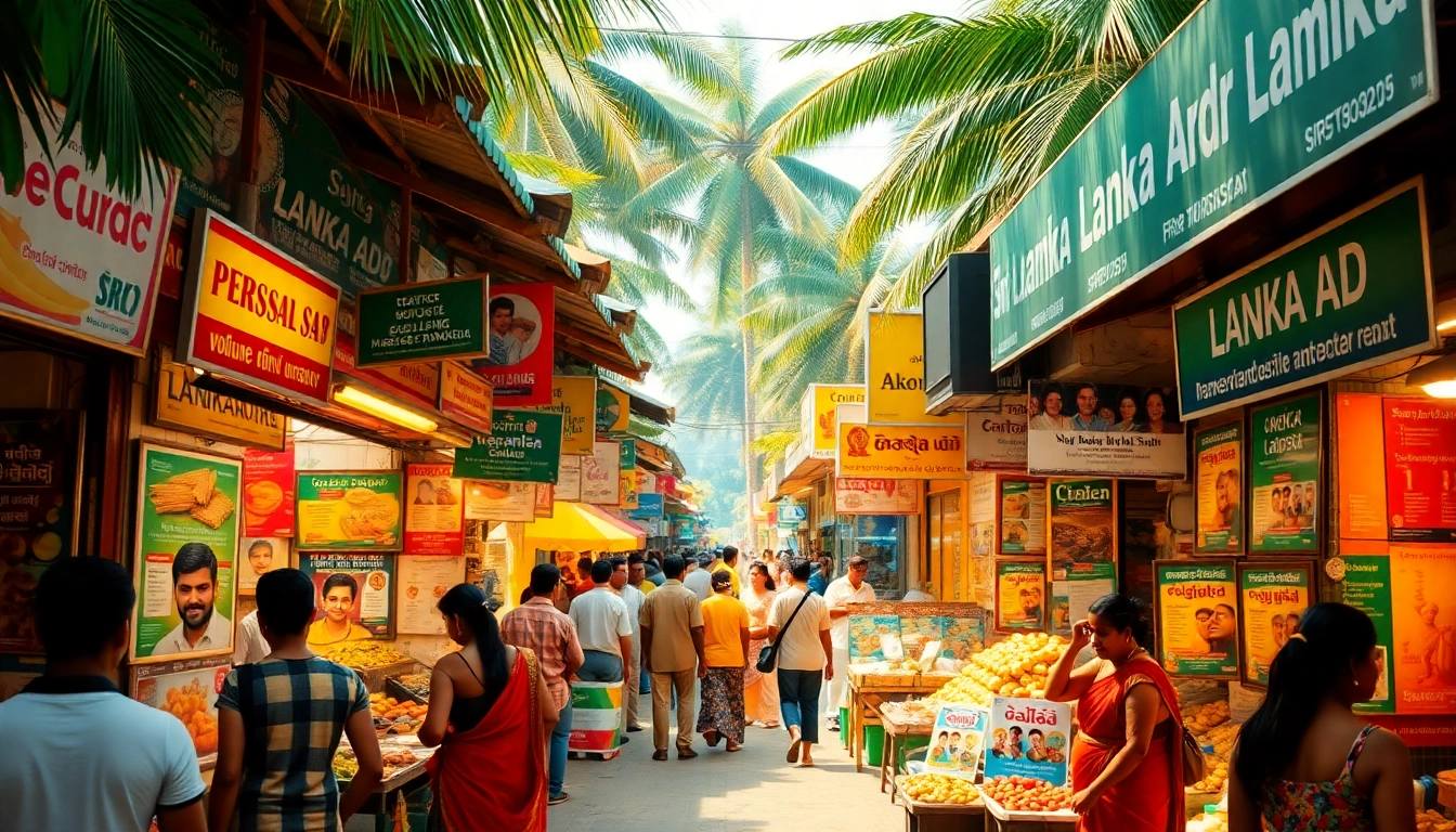 Lanka Ad displayed prominently in a vibrant Sri Lankan marketplace showcasing various personal and spa ads.