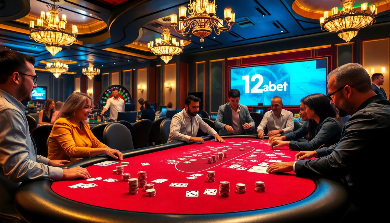 Experience the excitement of 12bet at a high-stakes poker table, showcasing vibrant chips and engaging players.
