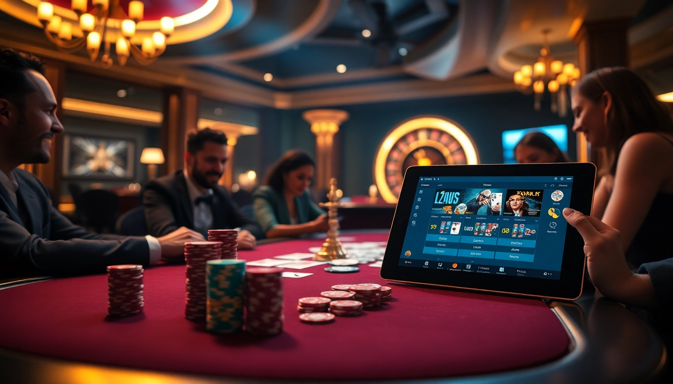 Excited players enjoying a poker game at 123WIN's luxurious casino environment.