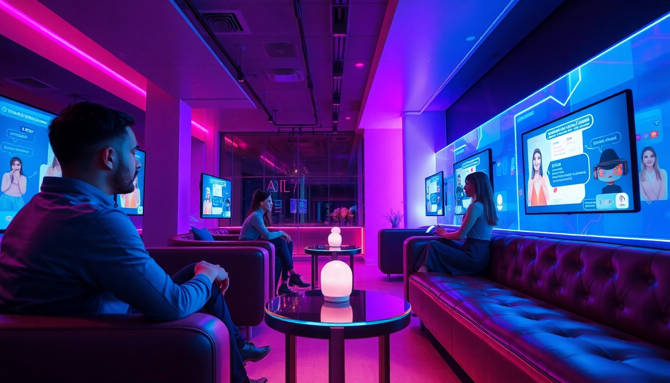 Engaging ai sex chat in a vibrant digital lounge with interactive AI characters.