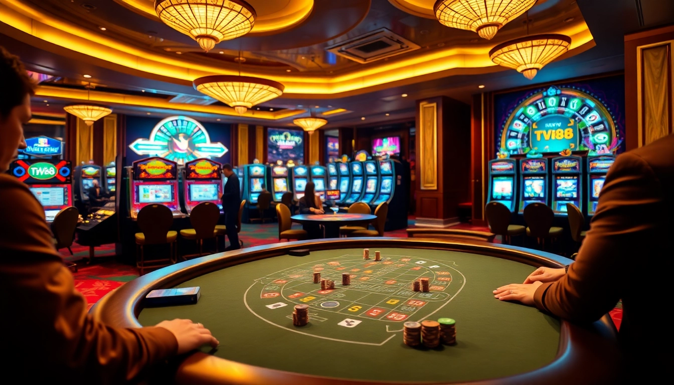 Players enjoying a thrilling game at TV88's luxurious casino table, showcasing excitement and professionalism.