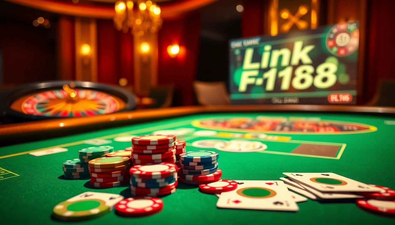 Engage with thrilling casino action at Link F168, featuring vibrant poker chips and exciting games.