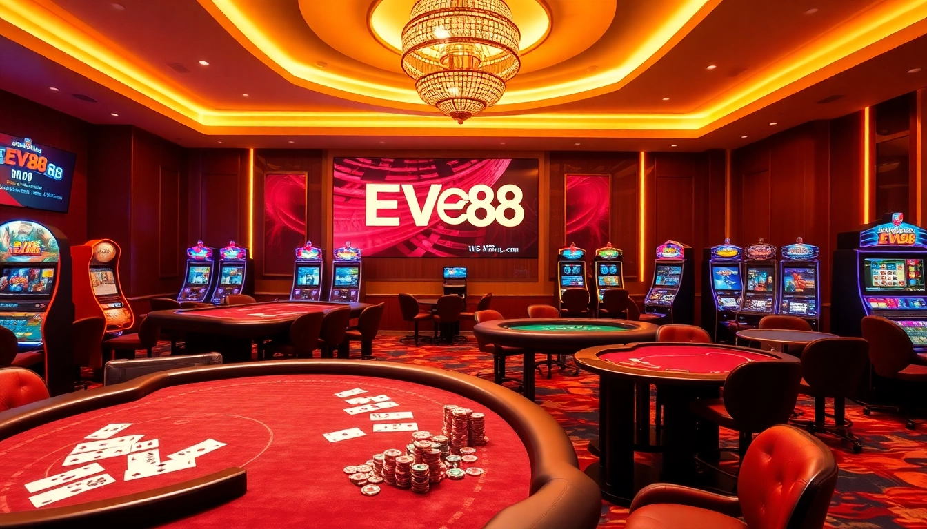 Experience thrilling gameplay at EV88 with casino tables, vibrant slots, and professional gaming ambiance.