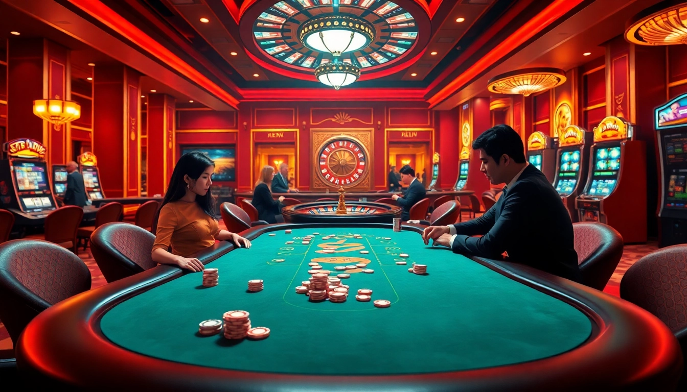 Exciting gaming scene at a 789win casino with poker tables, roulette, and vibrant slot machines.