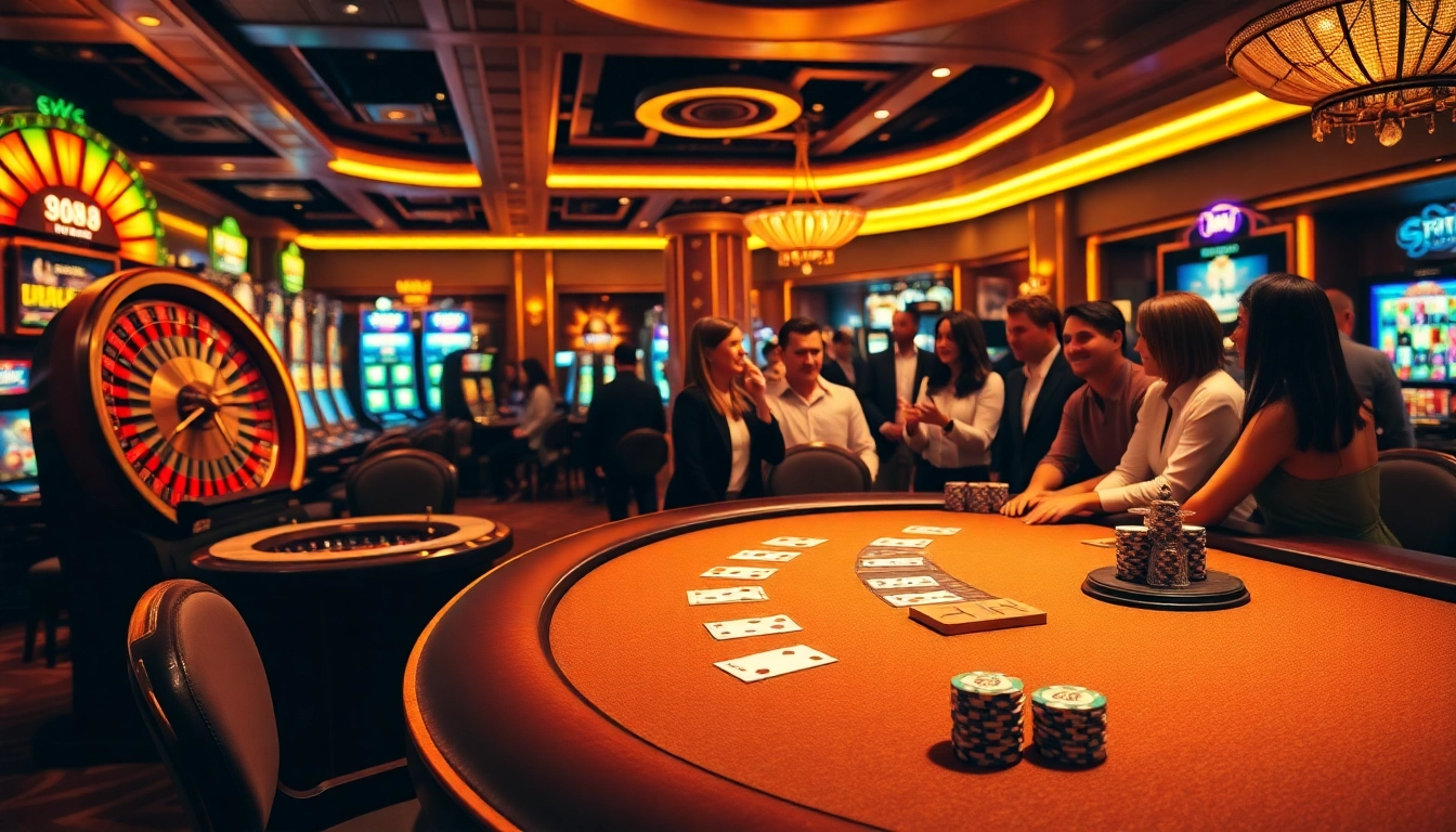 A vibrant casino scene featuring poker and slot games at 888b. com, showcasing excitement and luxury.