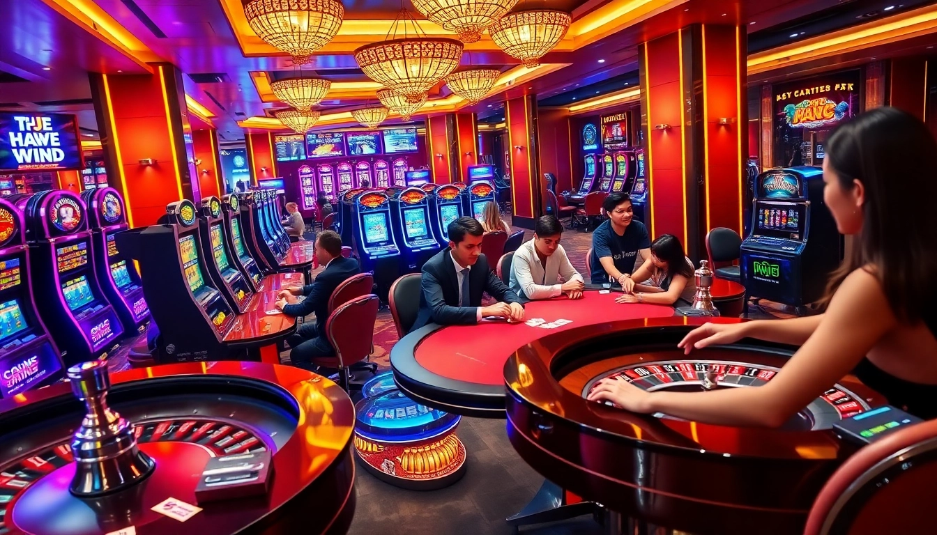 KJC poker players strategizing at a luxurious casino table amidst dazzling slot machines.