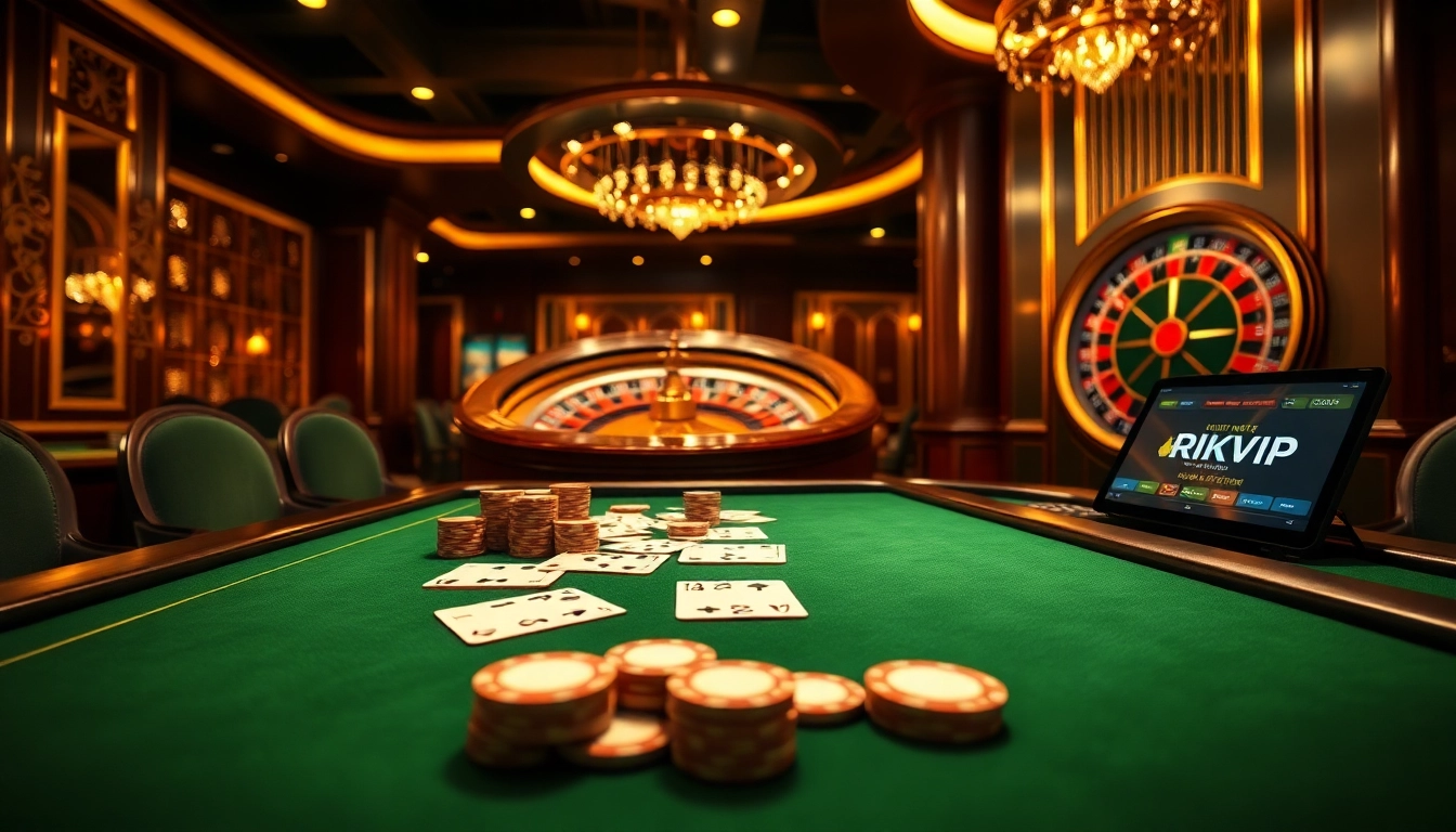 Enjoy an exciting gaming experience at RIKVIP's elegant poker table with luxurious chips and cards.