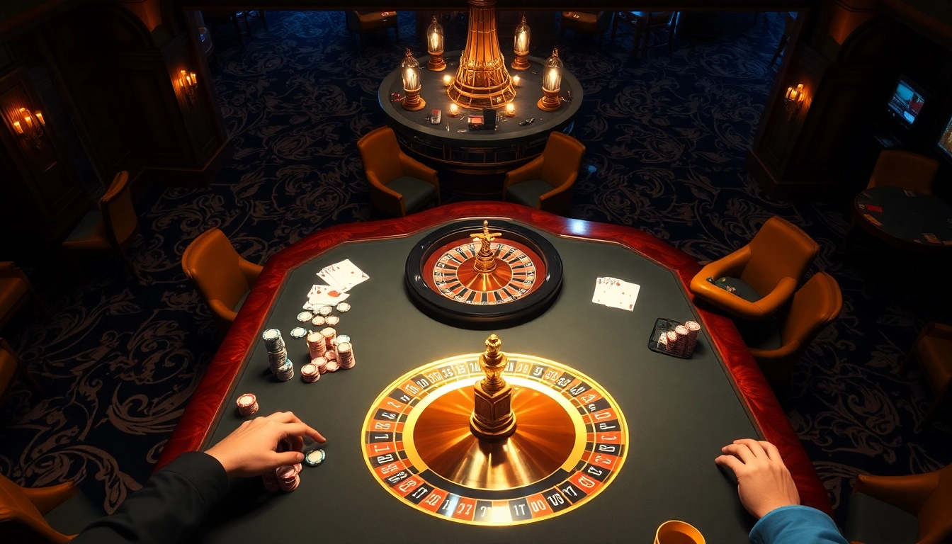 Players engaging at a 79KING casino table with high-stakes poker chips and vibrant cards.