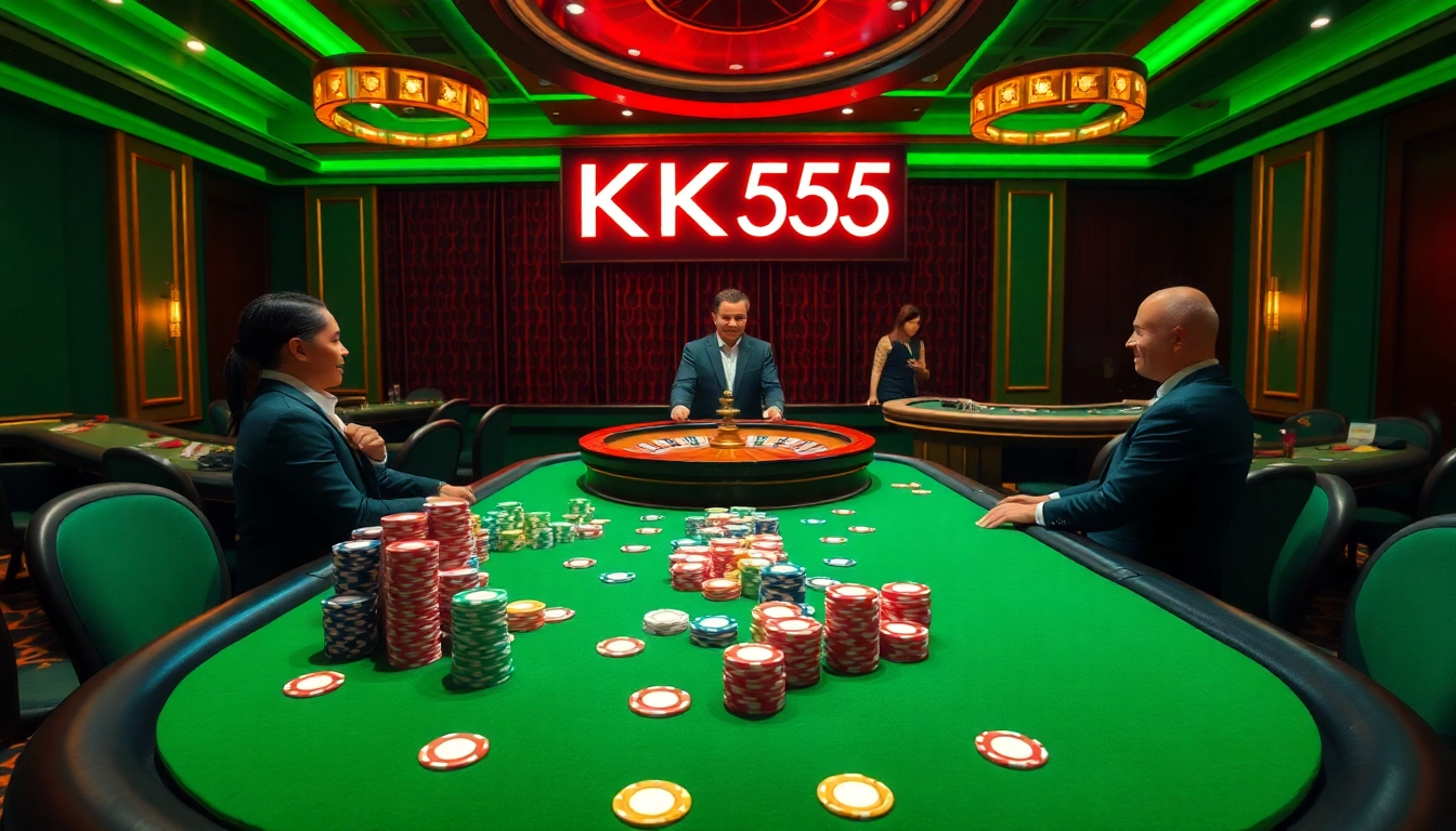 Excited gamblers playing poker at a luxurious casino with KK55 branding.