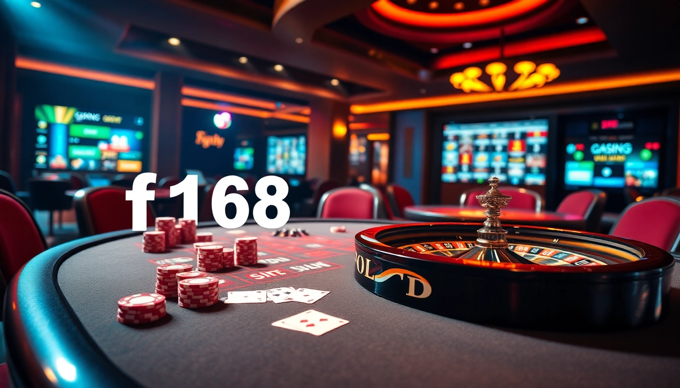 Experience the thrill of betting at F168 love casino, with vibrant poker chips and a sleek roulette table.