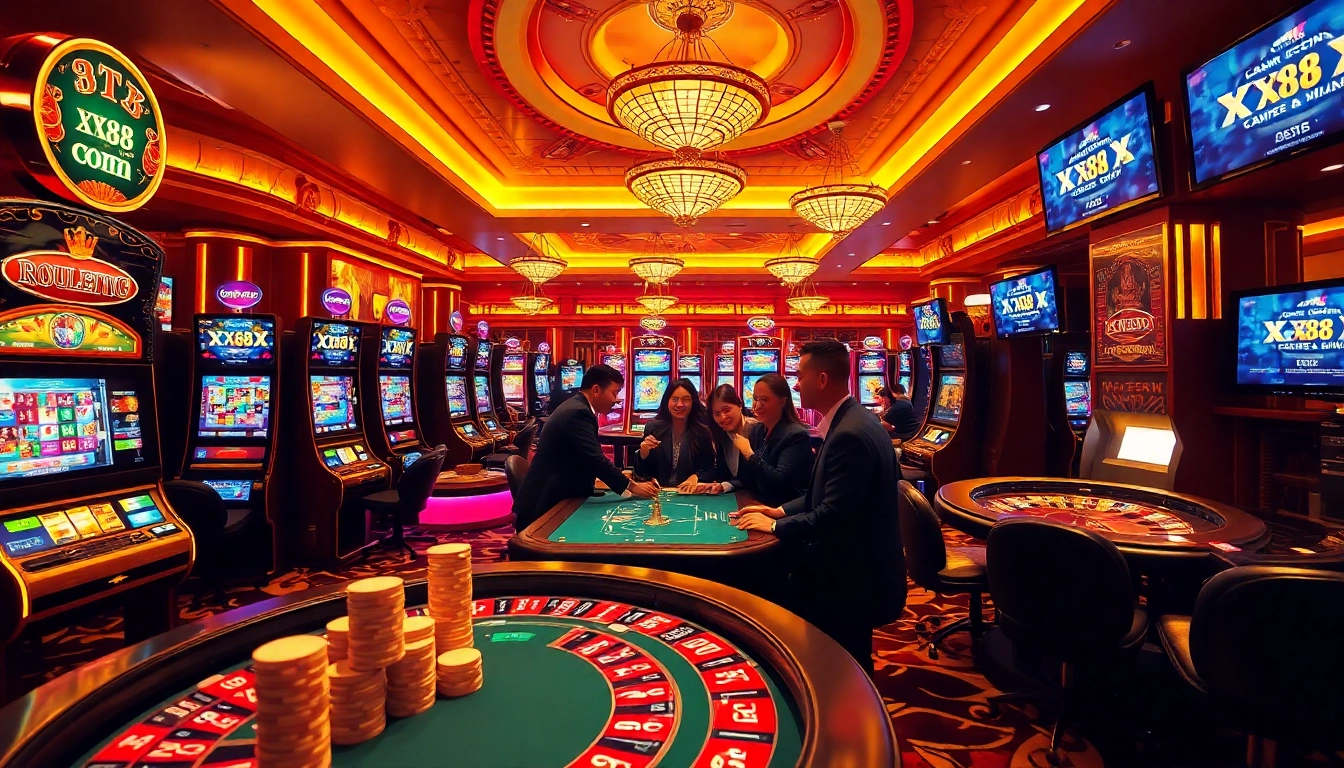Experience the thrill of gaming at xx88 com, featuring lively casino tables with players enjoying their games.
