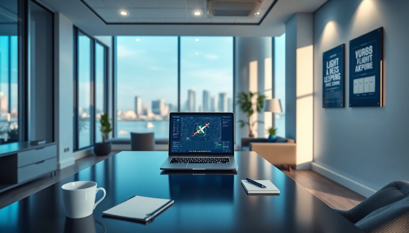 NK88 high-tech office workspace with flight tracking interface and modern design.
