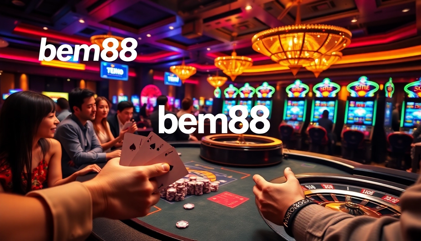 Players enjoying games at bem88 online casino with vibrant slot machines in the background.