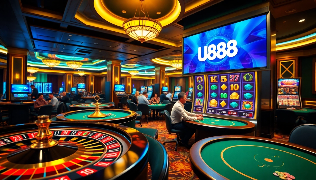Experience the thrill of gambling at U888 with an elegant casino scene showcasing exciting games.