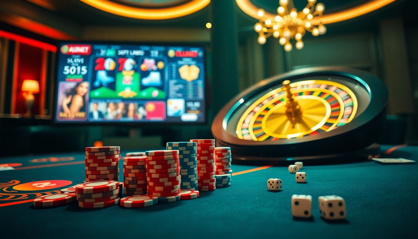 Experience thrilling gambling action at https://kubet77i.ink/ featuring a luxurious poker table and vibrant slot machines.