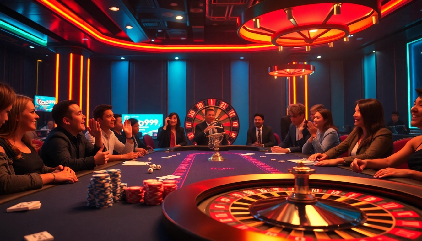 Players excitedly engage in a thrilling Go 99 casino experience with vibrant poker chips and cards.