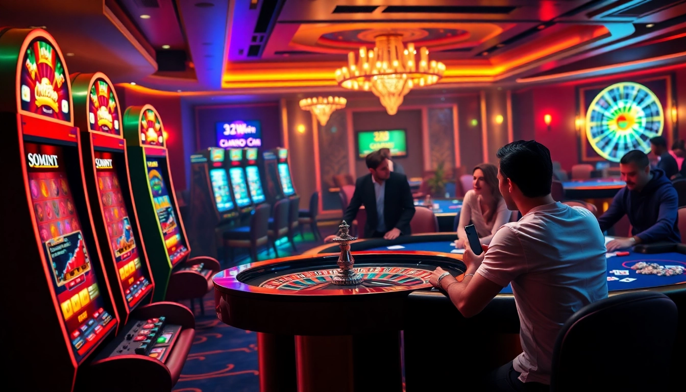 Excited players enjoying top games at 32win casino with vibrant slot machines and poker tables.