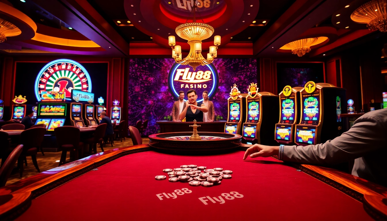 Players enjoying a high-stakes poker game at a fly88-themed casino table.