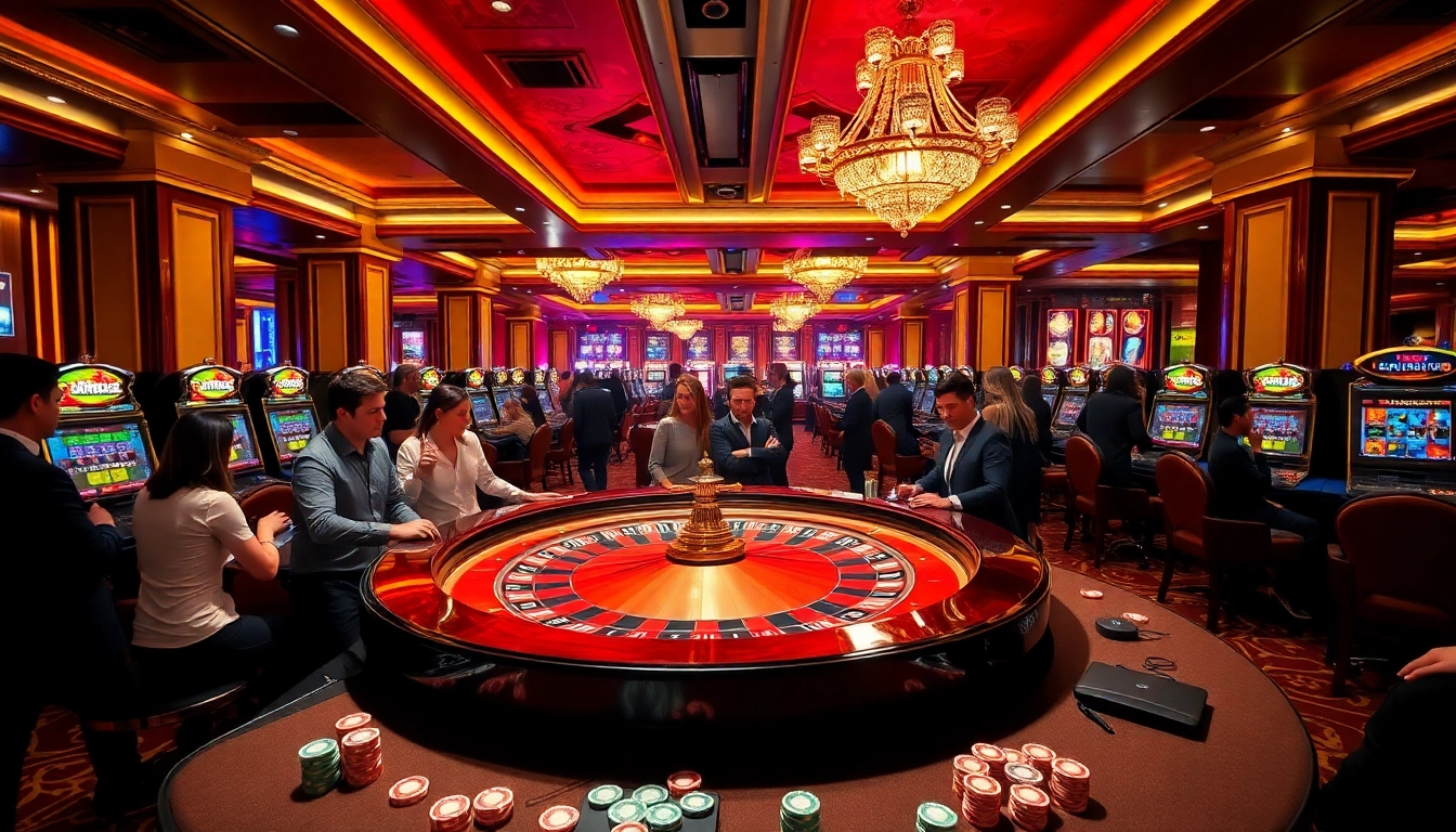 Engage in thrilling casino action at https://febet9.club/, featuring players at a roulette table with vibrant lights.