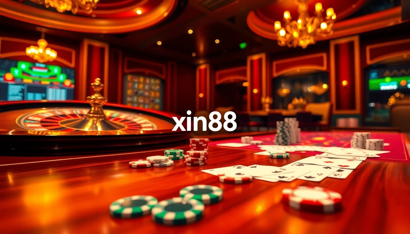 Exciting gambling scene with roulette, poker chips, and cards showcasing xin88's luxurious gaming experience.