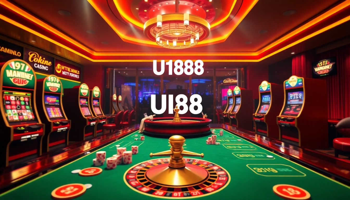 UU88 showcases an exciting online casino scene with vibrant gaming tables, poker chips, and slot machines.