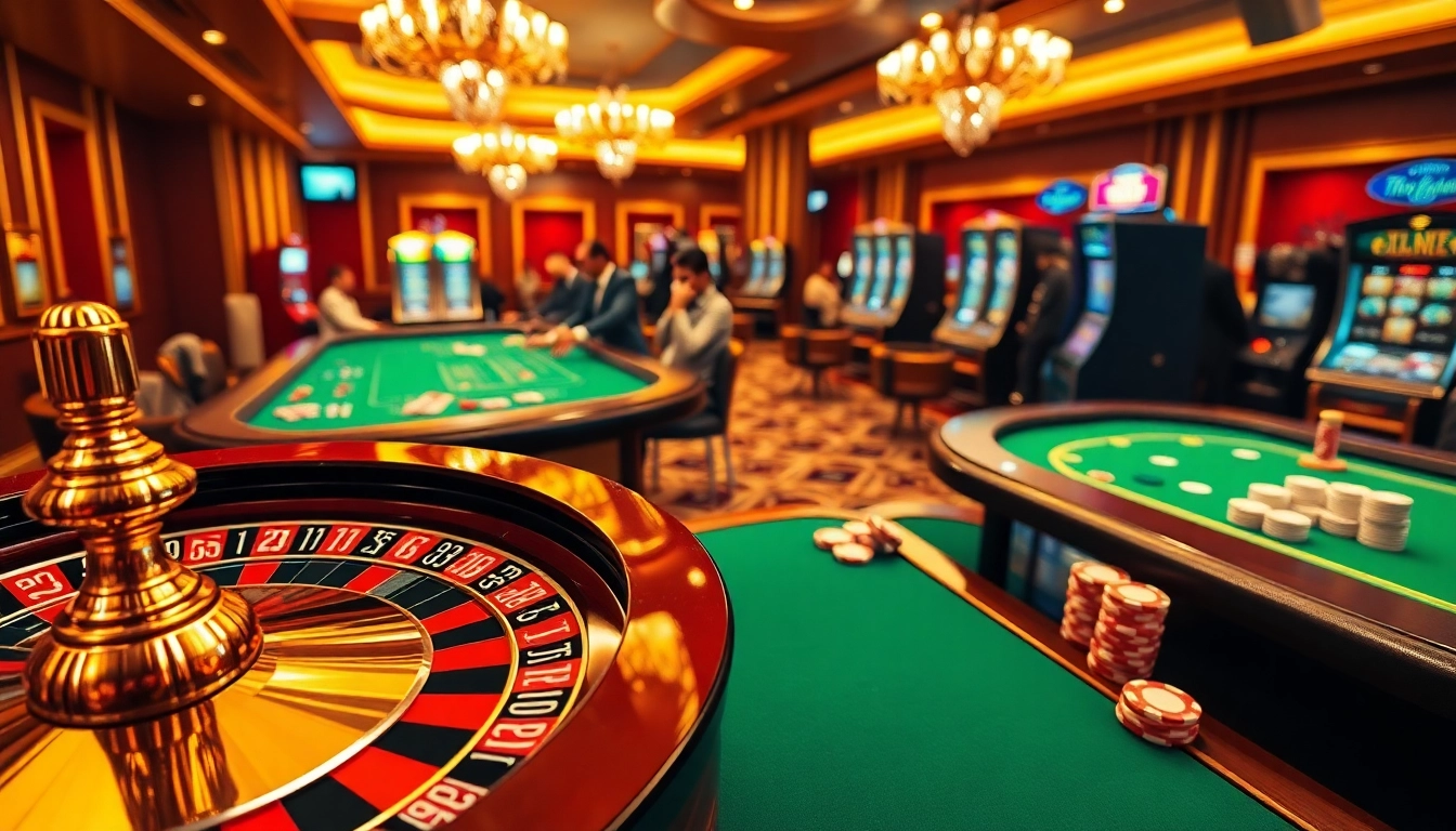 Engaging thabet gaming action at a luxurious casino with roulette, poker, and vibrant slot machines.