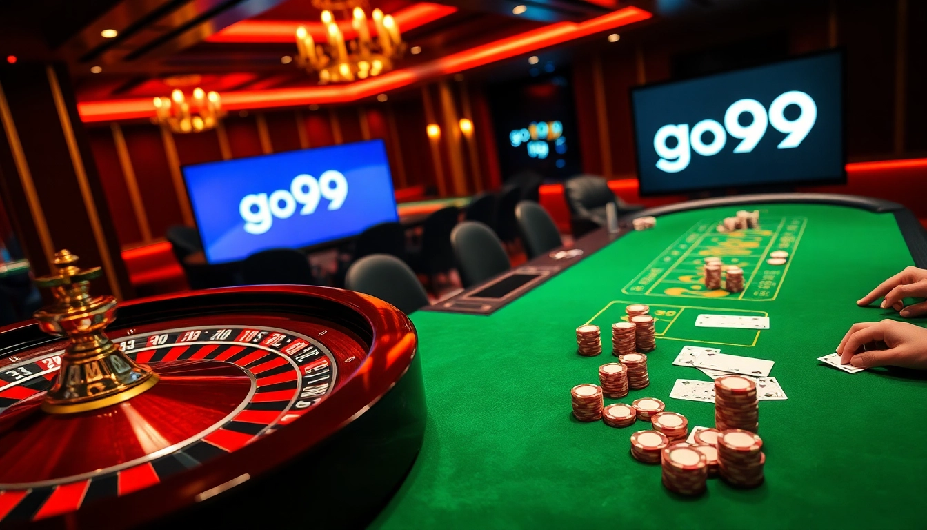 Players enjoying a thrilling game of poker at the go99 casino, surrounded by chips and cards.