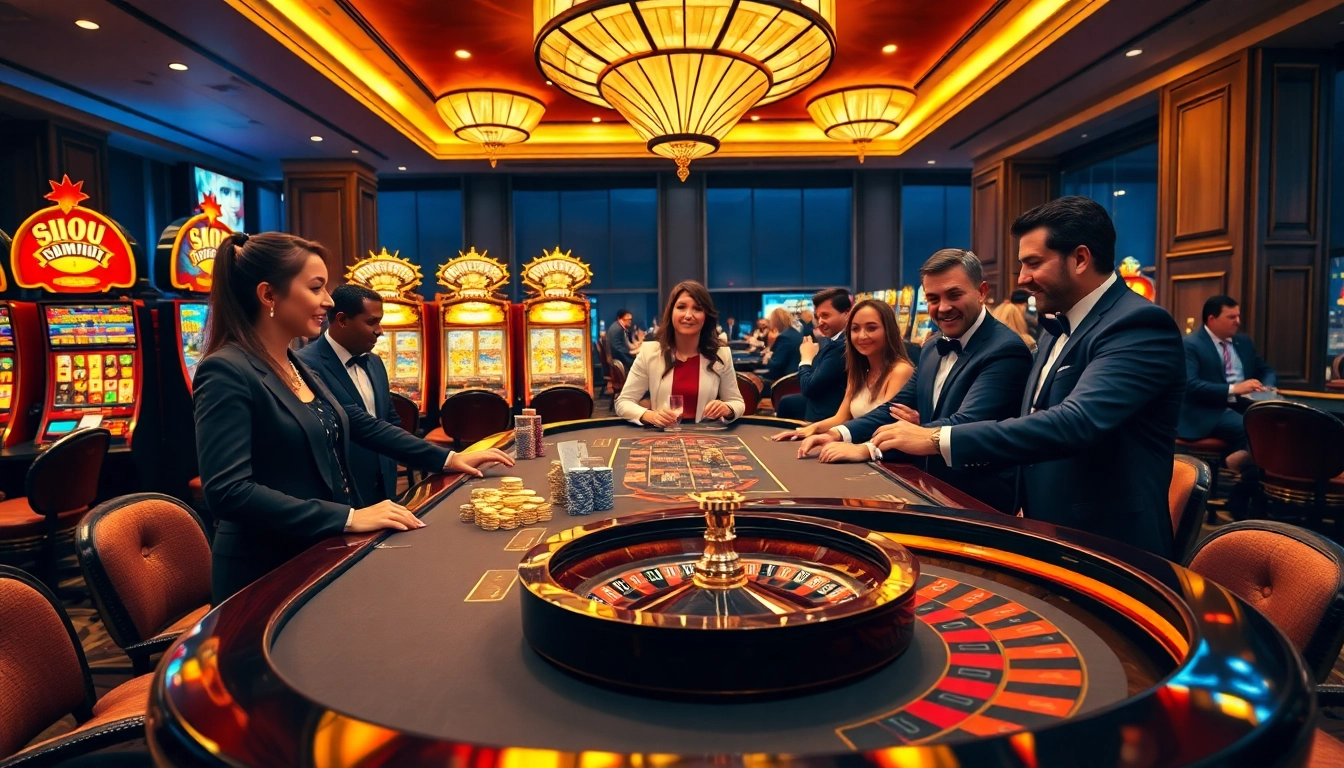 Excited players enjoying games at the sumvip club casino table, surrounded by vibrant slot machines.