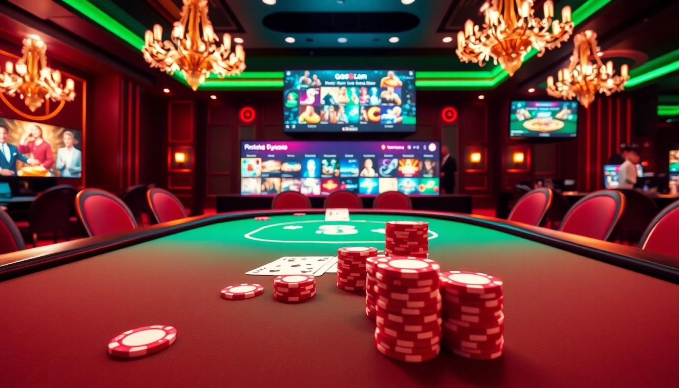 Players engaging in a thrilling poker game at https://go88.family/ with vibrant casino ambiance.