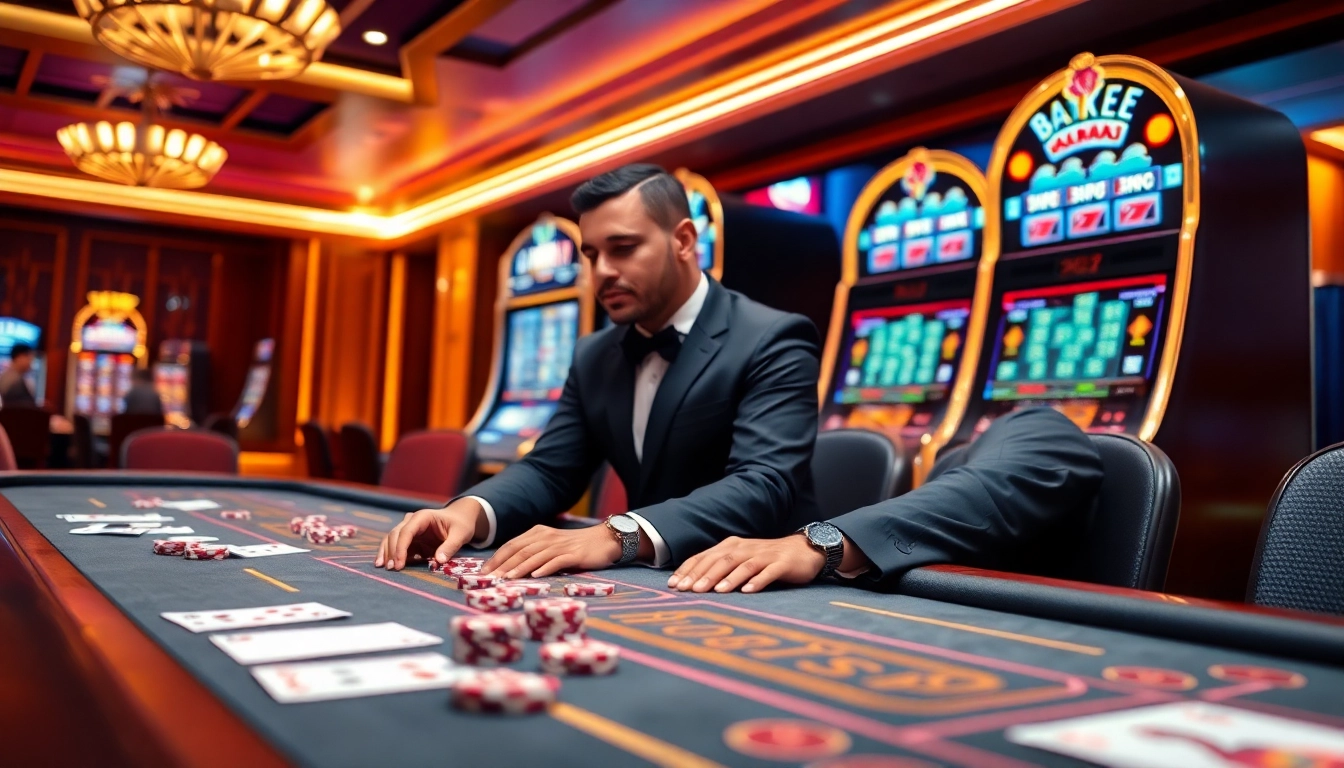 Experience the thrill of 222BD with luxurious casino tables and vibrant slot machines.