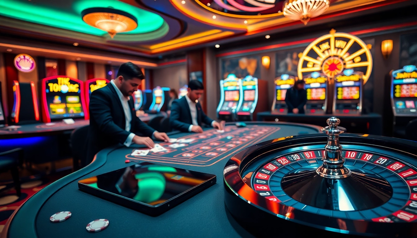 Engaging casino table showcasing link vswin with cards and colorful slot machines.