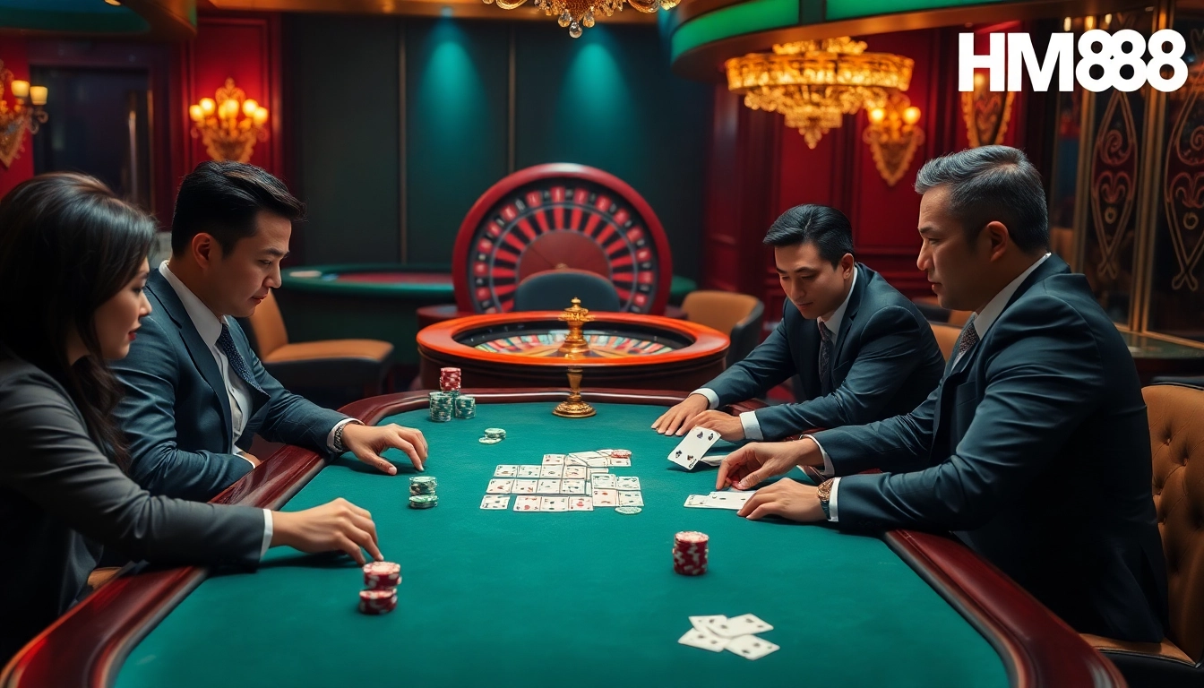 A thrilling poker game scene at Nhà cái Hm88 with vibrant casino colors and high-stakes atmosphere.