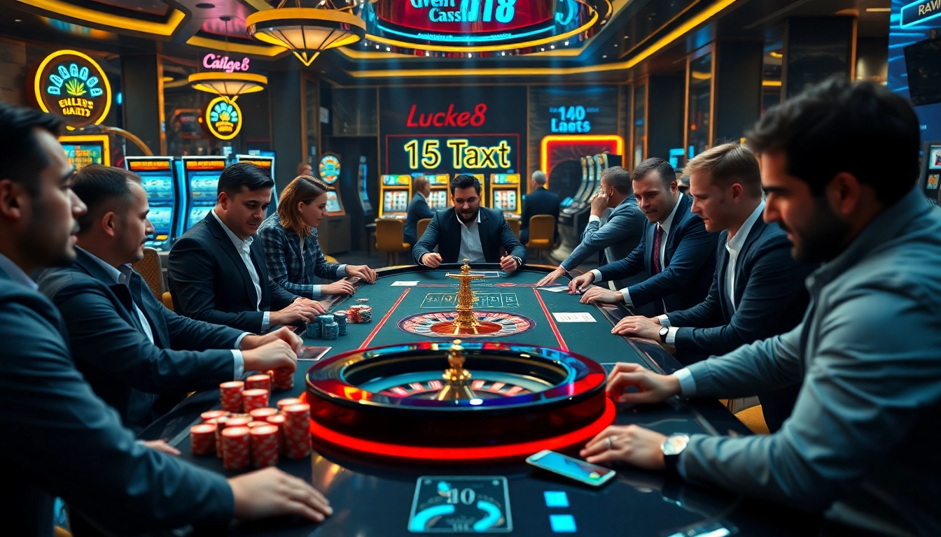 Experience the thrill of gambling at luck8 with vibrant casino scenes featuring poker, roulette, and lively players.