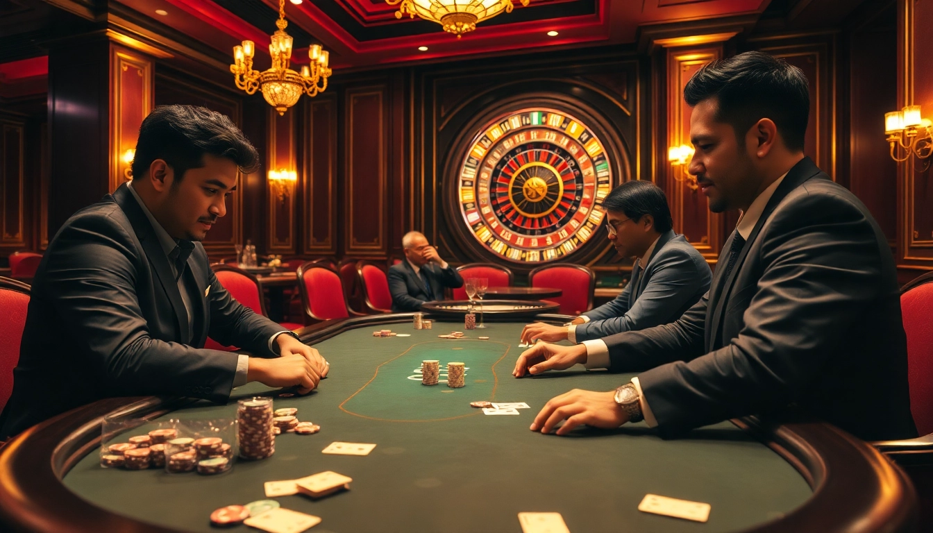Professional players enjoying a high-stakes poker game at the luxurious 88i casino, showcasing poker chips and cards.