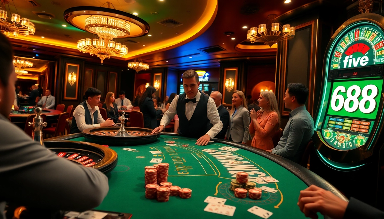 Engage with five88 in a high-stakes casino atmosphere featuring poker, roulette, and lively players.