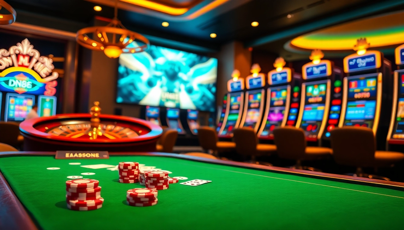 Experience thrilling gameplay at DN88 casino with vibrant poker chips and slot machines.