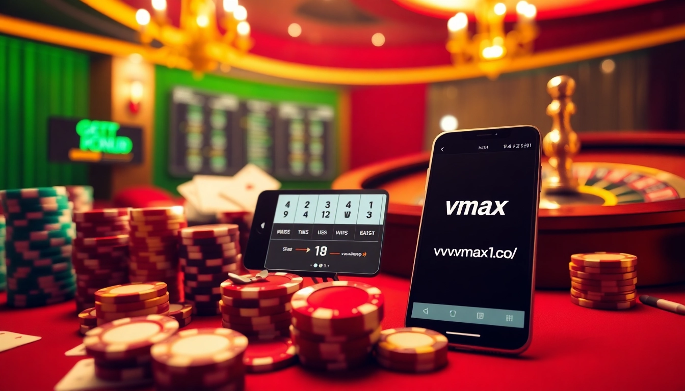 Experience thrilling online gambling action with VMAX, featuring roulette, cards, and vibrant casino atmosphere.