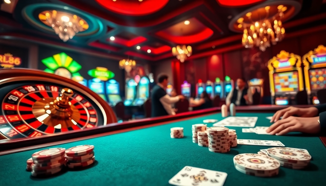 Experience the excitement of RR88 with vibrant casino tables filled with poker chips and roulette wheels.