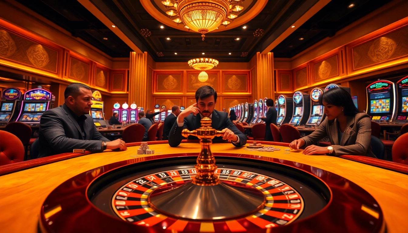 Experience the thrill of okking at a vibrant casino featuring poker tables and roulette wheels.