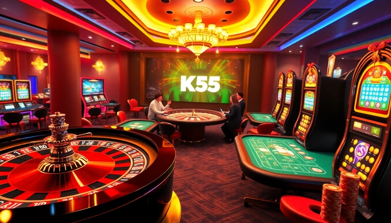 Experience thrilling online gambling at KK55 with vibrant tables, flashing slot machines, and engaged players.