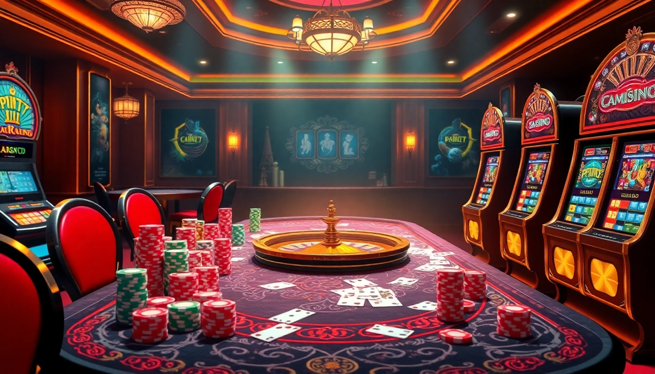 Engaging scene of nhà cái uu88 featuring luxurious casino tables and vibrant slot machines for online gambling.
