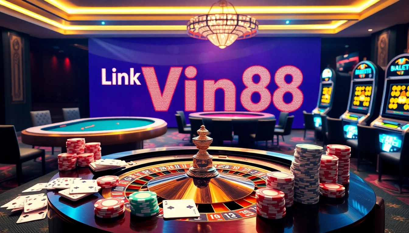 Experience the thrill of "Link vào Vin88" with vibrant casino visuals featuring roulette, cards, and luxury.